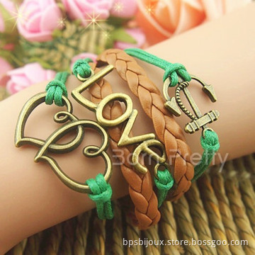 Retro Romantic Love Anchor Bracelet Double Heart Leather Cord Velvet Rope Bracelet
